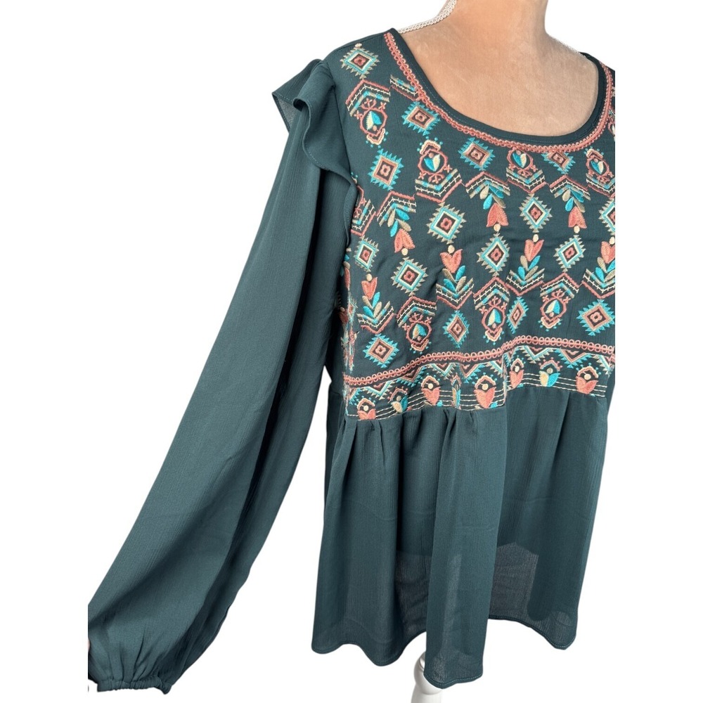 Savannah Jane 1X Top Green Pink Embroidered Aztec Boho Office Feminine‎ - Picture 4 of 13